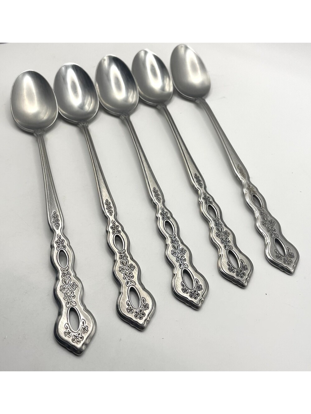 5- Oneida Community FANTASY Burnished Stainless Pierced Iced Tea spoon ~ 7 5/8”